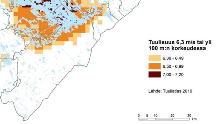 50 Karjalan alueelta. (Etelä-Karjalan liitto 2011.) Kuvaan 21 on merkitty tuuliolosuhteiltaan tuulivoimalle suotuisat alueet Lappeenrannassa.