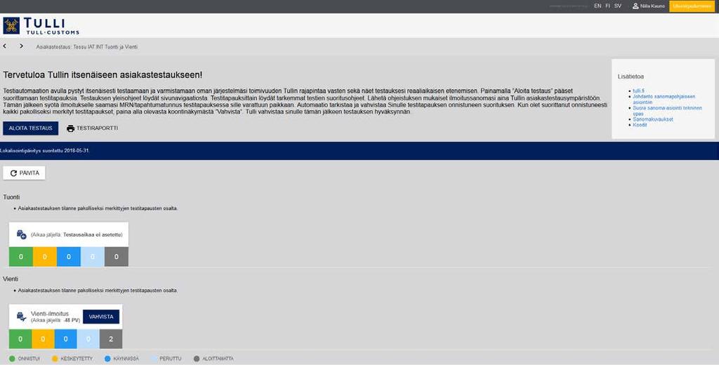 5 (11) Siirry Testitapaukset-sivulle painikkeella ALOITA TESTAUS. Testiraportti-painike avaa tulostettavan raportin testauksen tilasta PDF-muodossa.