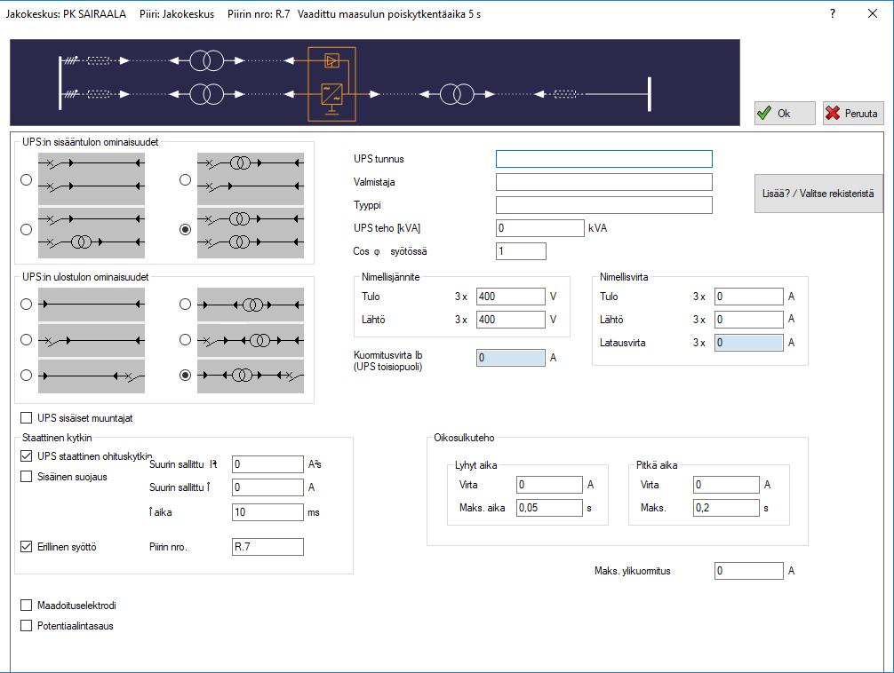 FEBDOK KÄYTTÖOHJE Sivu 73 / 102 Kuva 9-4: UPS, sisääntulon ominaisuudet, määrittely monimutkaisimmillaan muuntajien ja suojalaitteiden kanssa.