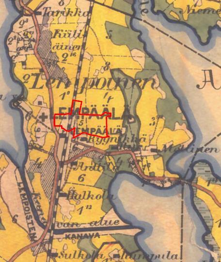 FCG SUUNNITTELU JA TEKNIIKKA OY Raportti 13 (37) 6 5 2 4 8 3 1 7 Kuva 8. Ote pitäjänkartasta 1921. Punaisella tarkastelualeen rajaus. 1. Halkola, 2.