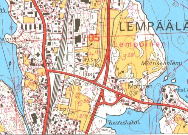 Yllä ote peruskarttalehdestä vuodelta 1954,