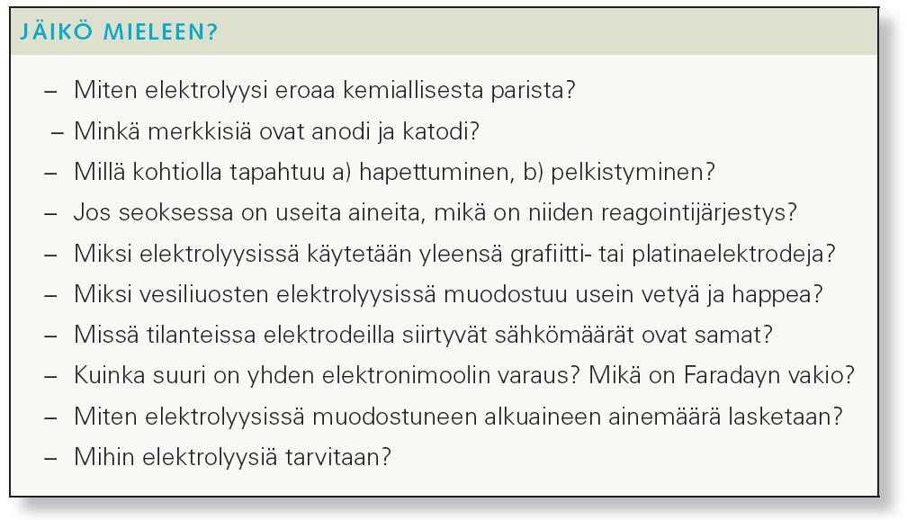 b) Yhtälöä I t = n K z F käyttäen saadaan katodilla pelkistyvän kaliumin ainemäärä. Muista C = As.