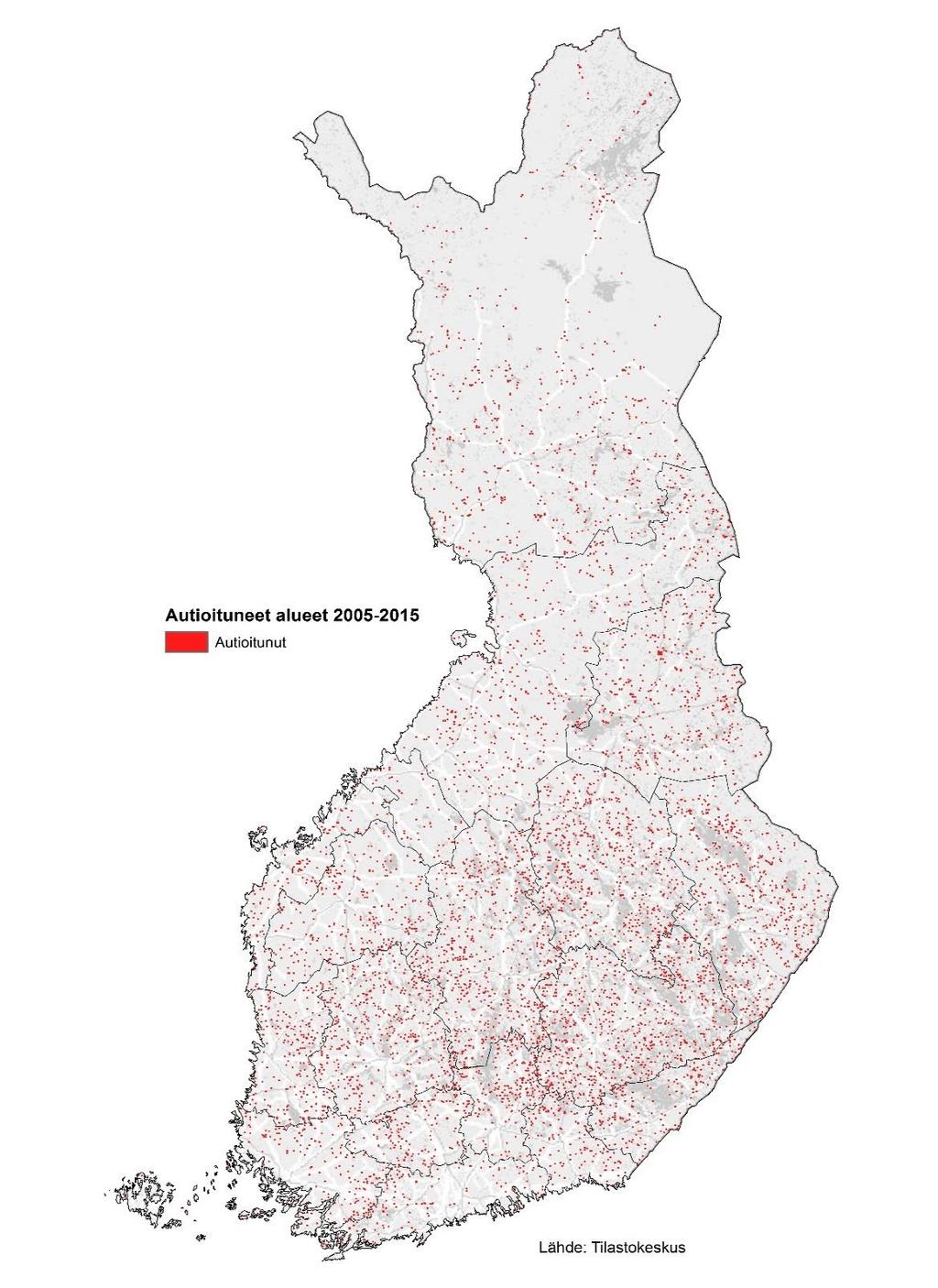 Ja samalla leviää alueellinen tuhkarokko Kartan punaiset pisteet kuvaavat niitä 1 x 1 kilometrin ruutuja, jotka ovat tyhjentyneet kokonaan vakituisista asukkaista vuosien 2005-2015 välisenä aikana.