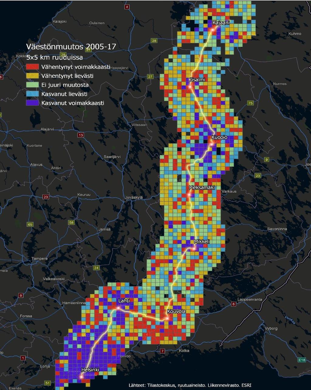 Itäradan läntisen osan 30 + 30 kilometrin käytävä ja väestönmuutos 5 x 5 kilometrin ruuduissa vuosina 2015-2017 Itäradan läntisen 30 + 30 kilometrin käytävän alueella asui noin 2.154.