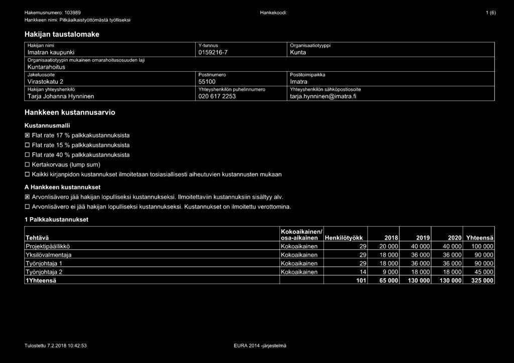 fi Hankkeen kustannusarvio Kustannusmalli ~ Flat rate 17 % palkkakustannuksista D Flat rate 15 % palkkakustannuksista D Flat rate 40 % palkkakustannuksista D Kertakorvaus (lump sum) D Kaikki