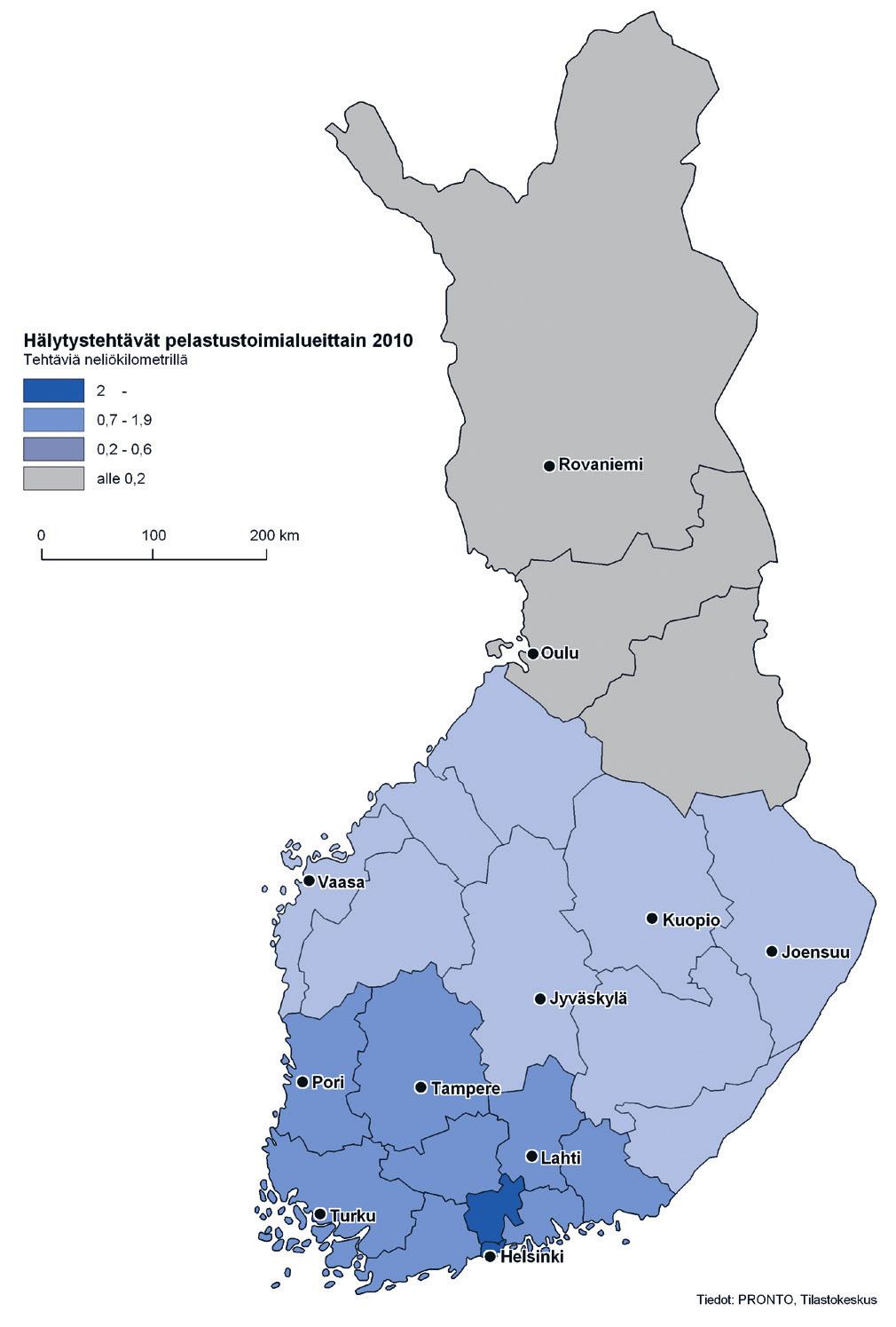 jakautuminen neliökilometrillä ja