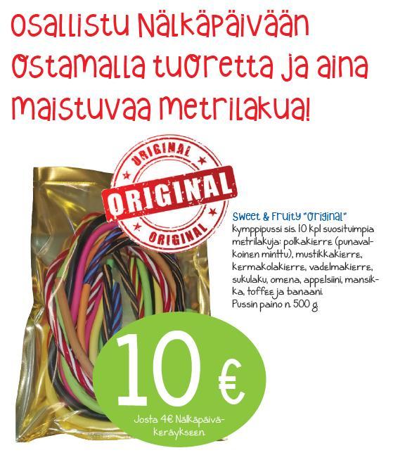 Kokeilkaa Metrilakun myyntiä Lakut tilataan suoraan Great Kidsiltä 17.8. mennessä. Lakupussin hinta on 10, josta tulee Nälkäpäivään 4. Minimimyyntierä 50 lakupussia, eli 200 Nälkäpäivään.