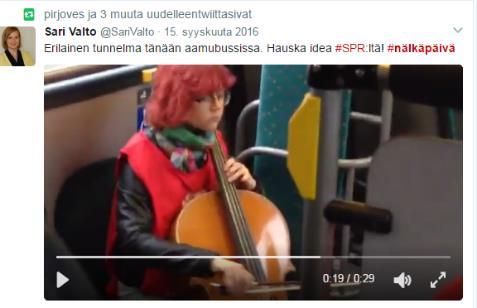 Muuta? Muista käyttää hashtagia #Nälkäpäivä. Voit saada lisää näkyvyyttä julkaisullesi. Esim.