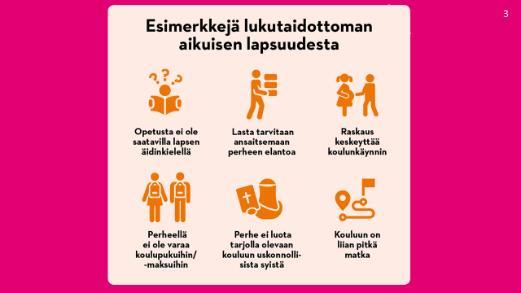 Vain lukutaitoinen voi osallistua kokonaisvaltaisesti yhteisönsä ja yhteiskuntansa toimintaan. Lukutaito antaa naisille äänen omassa yhteisössään. 3.