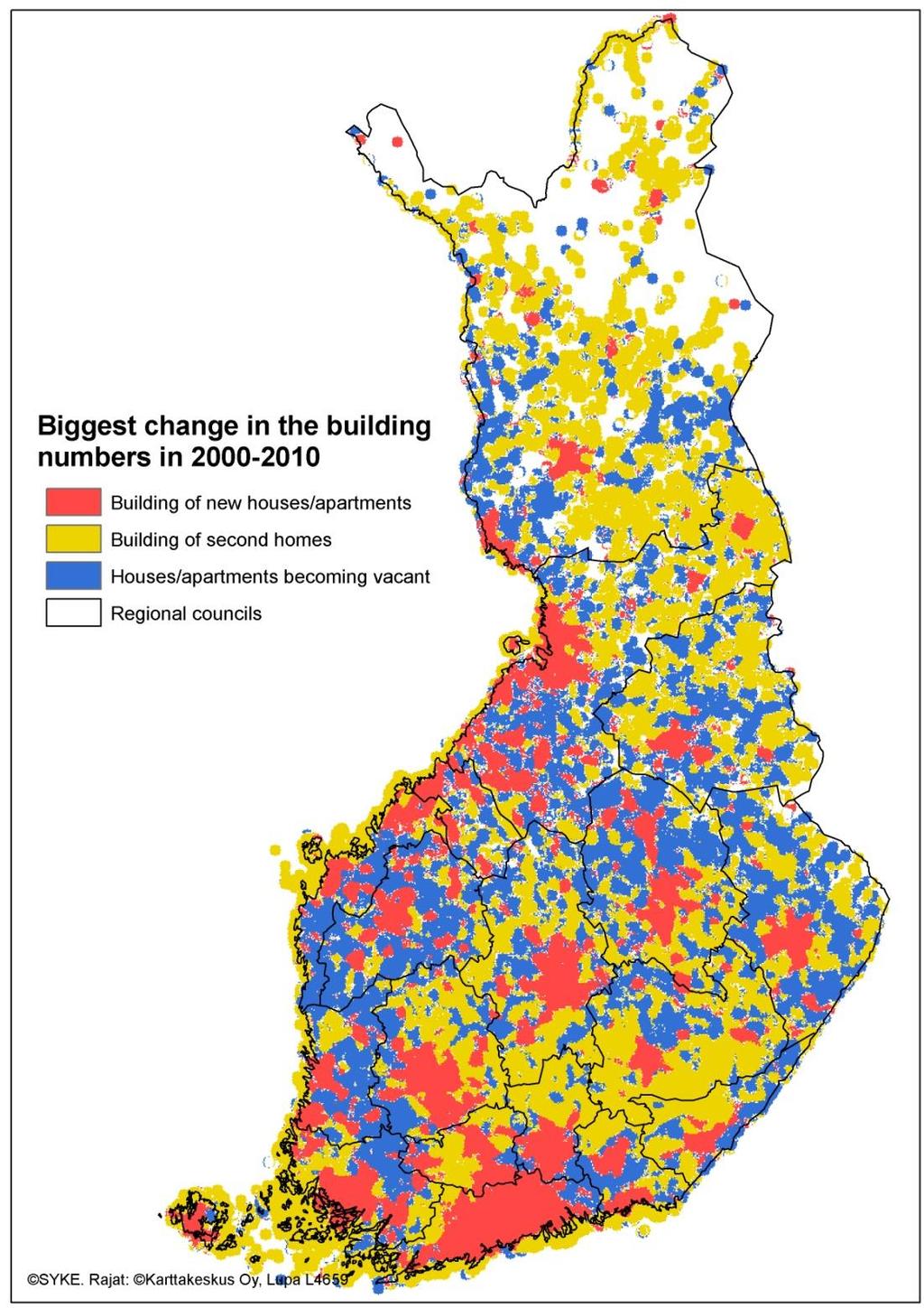 Rakennuskannan suurimmat muutokset alueellisesti Rakennuskannan lukumäärältään suurin muutos eri alueilla