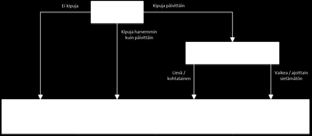 Kipuasteikko (Pain, 0-3) Asiakkaan kivun esiintymistiheyttä (K4a) ja kivun voimakkuutta (K4b) kuvataan neliportaisen luokituksen mukaan.