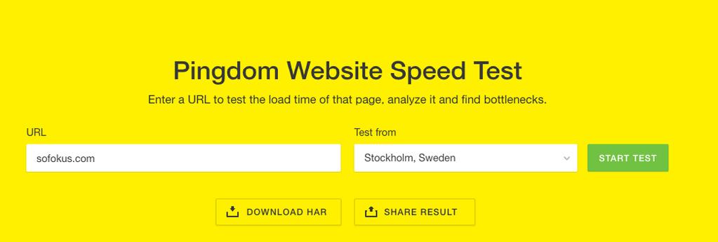 Tarkista sivuston nopeus Oman sivustosi nopeuden pystyt selvittämään esimerkiksi Googlen Page Speed -työkalua, mutta itse käytän mielummin Pingdomin työkalua.