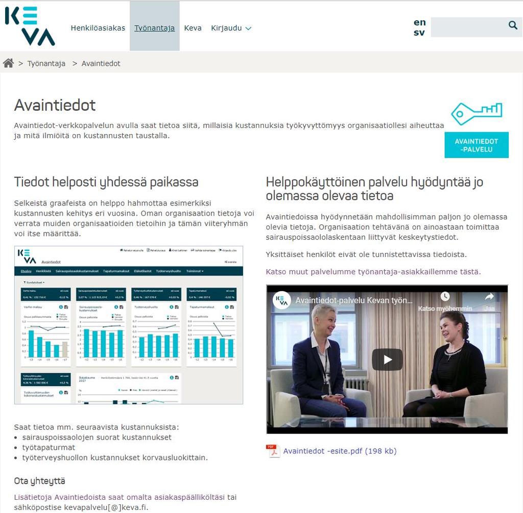 Miten Avaintiedot käyttöön? https://www.keva.fi/tyonantajalle/avaintiedot/ Avaintiedot-palveluun pääsee kirjautumalla Kevan työnantajan verkkopalveluun.