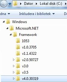 c:\windows\microsoft.net\framework... och se vilka underbibliotek som syns. I bilden invid syns v4.0.xxx, vilket innebär att.net version 4 är installerad.