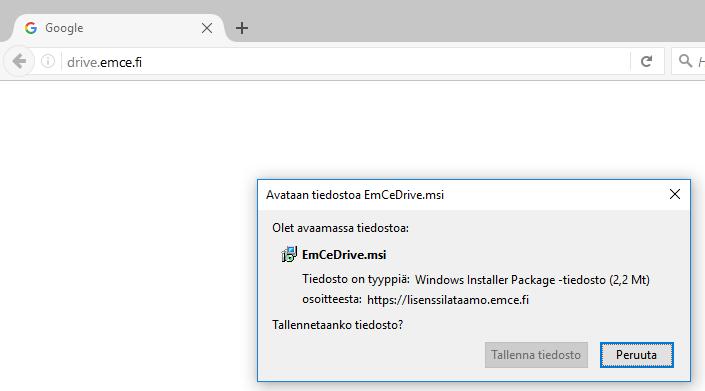 3 3 EmCe Driven asennus Seuraavaksi asennetaan EmCe Drive, jonka saa ladattua osoitteesta http://drive.emce.fi.