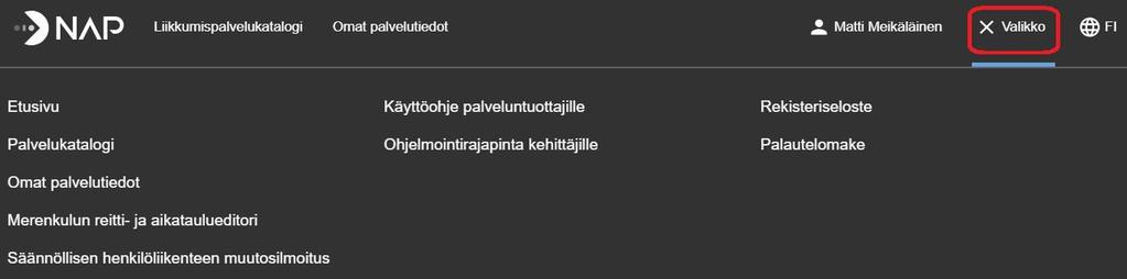 Ohje 11 (73) 5.4 Valikkopainike Saat valikon auki klikkaamalla yläpalkissa kohtaa Valikko. Valikon saa suljettua klikkaamalla ruksia Valikko-nimen vieressä.