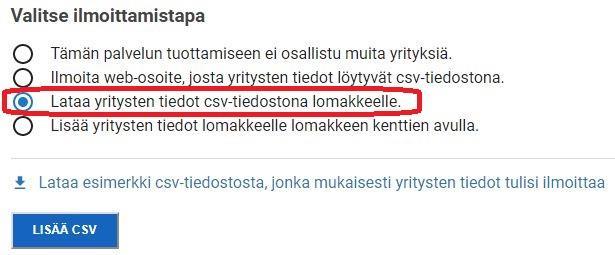 Täytä tiedostoon palvelun tuottamiseen osallistuvien yritysten nimet ja y-tunnukset tiedostossa esitetyn mallin mukaisesti. Tallenna täytetty lomake esim. omalle palvelimellesi www-osoitteeseen.