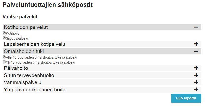 19.8 Palveluntuottajan sähköpostit Raportilla voi valita yhden tai useamman palvelun kaikkien palveluntuottajien yhteystiedot.
