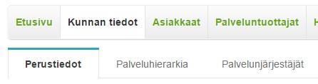 20 Pääkäyttäjä 20.1 Kunnan perustiedot Kunnan perustiedoista löytyy kunnan yhteystiedot sekä laskutustiedot, ja mahdollisuus määrittää ja muuttaa laskentatunnisteita. 20.2 Laskentatunnisteet Syötä vasemmalle tekninen tunniste ja oikealle sitä vastaava laskentatunnisteen nimi.