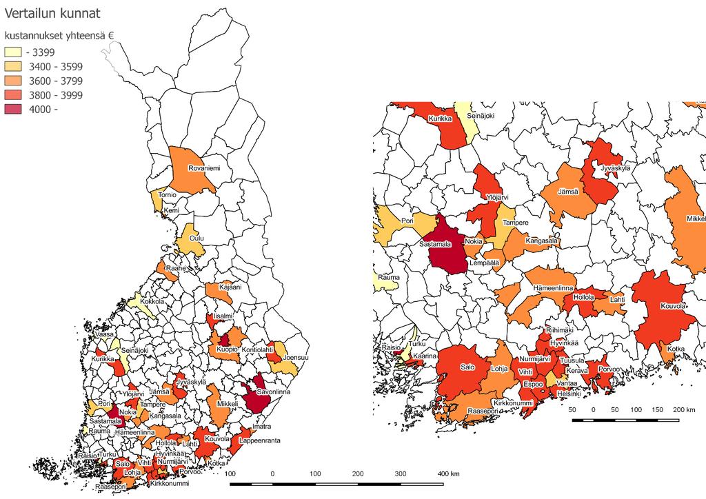 Vertailun kunnat Kartoilla värjätty vertailussa olevat kunnat kokonaiskustannusten mukaan