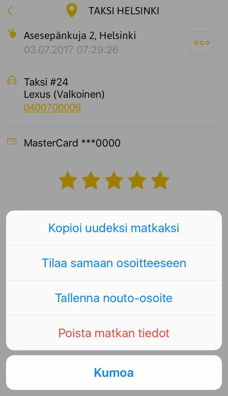 7. Matkat-välilehti Tekemäsi taksimatkat tallentuvat karttanäkymän yläreunassa olevalle Matkat-välilehdelle.