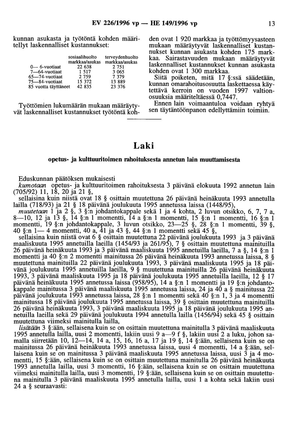 EV 22611996 vp - HE 149/1996 vp 13 kunnan asukasta ja työtöntä kohden määritellyt laskennalliset kustannukset: 0-6-vuotiaat 7-64-vuotiaat 65-74-vuotiaat 75-84-vuotiaat sosiaalihuolto markkaa/asukas