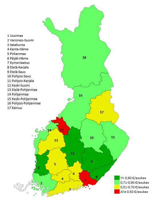 KUVA 1 Vuonna 2018 myönnetyn seuratuen jakautuminen maakunnittain, seuran kotipaikkakunnan mukaan luokiteltuna (maakunta yhteensä, /asukas).