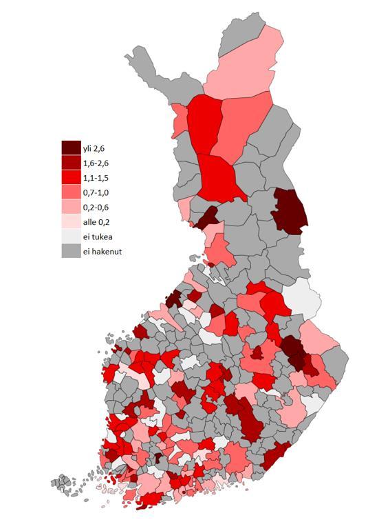 LIITE 2 Seuratuen jakautuminen kunnittain seuran kotipaikkakunnan mukaan jaoteltuna ( /asukas). Mitä tummempi punainen, sitä enemmän kunta on saanut tukea.