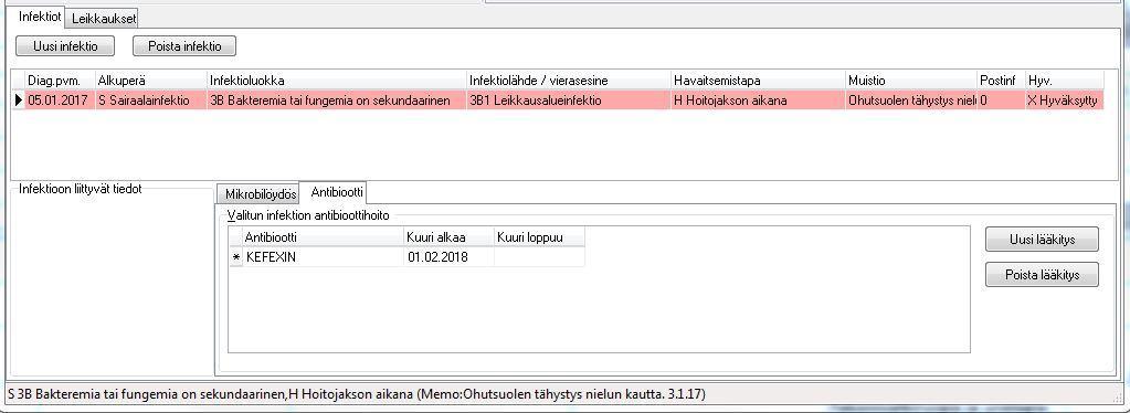 Tarkista klinikkasi/osaston ohjeista, mitä lääkityksiä ilmoitukseen tulee liittää. Infektioilmoitusten etsintäikkuna Jos halutaan täydentää infektioilmoituksen tietoja, esim.