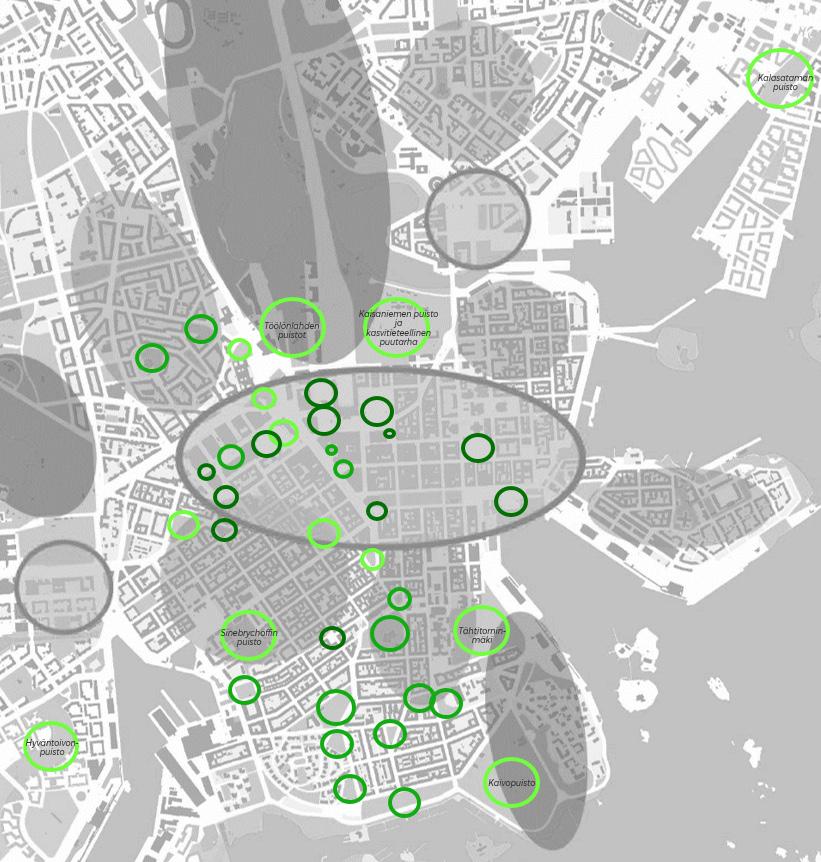 Paikkojen verkosto Helsingin ydinkeskusta käsittää pieniä ja keskisuuria puistoja, puistikkoja, aukioita ja aukiomaisia katutiloja, joiden ympärillä on valmis tiivis palvelurakenne.