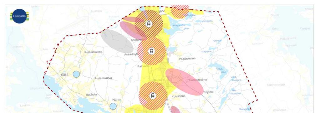 Kuva 14. Erilaisia uusia työpaikkoja voi sijoittua sekä nauhataajamaan että työpaikkaalueille omien vahvuuksiensa mukaan.