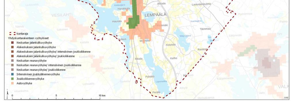 Lempäälän tiiveimmin asutut alueet sijoittuvat nykyisin pitkälti autovyöhykkeelle (ruskea), osin joukkoliikennevyöhykkeelle (vihreä) sekä pohjoisimmilta osin intensiiviselle
