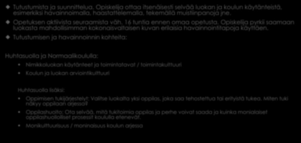 Tutustumisen ja havainnoinnin kohteita: Huhtasuolla ja Normaalikoululla: Nimikkoluokan käytänteet ja toimintatavat / toimintakulttuuri Koulun ja luokan arviointikulttuuri Huhtasuolla lisäksi: