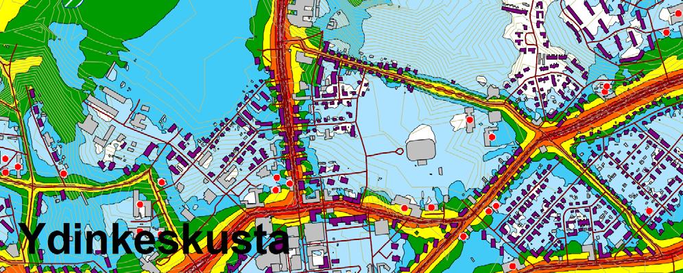 Ympäristöhaitat Melu Ydinkeskustan alueella melutasot vaihtelevat merkittävästi hyvin pienelläkin alueella. Merkittävimmät melun aiheuttajat alueella ovat tie ja raideliikenne.