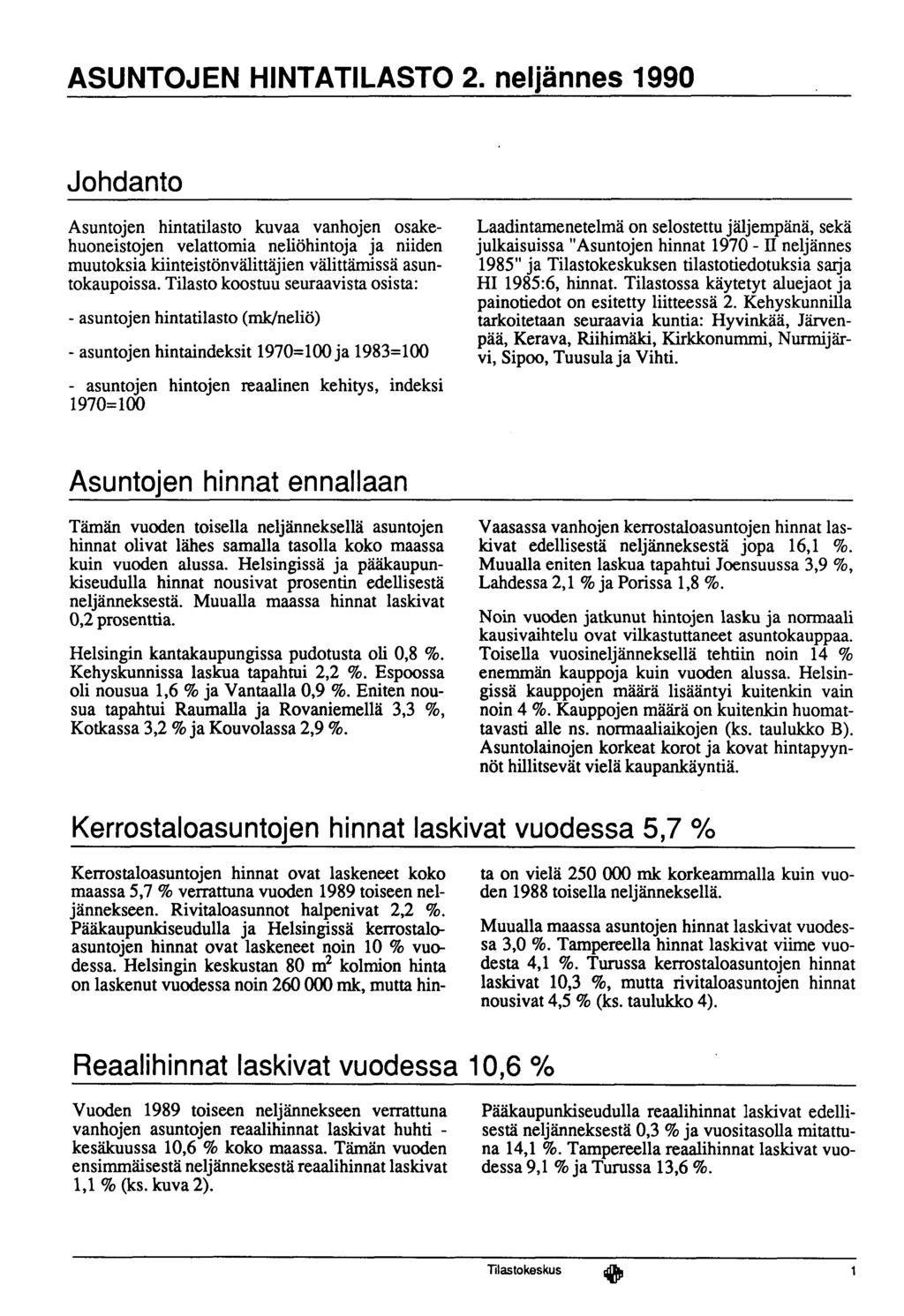 ASUNTJEN HINTATILAST 2. neljännes 1990 Jhdant Asuntjen hintatilast kuvaa vanhjen sakehuneistjen velattmia neliöhintja ja niiden muutksia kiinteistönvälittäjien välittämissä asuntkaupissa.