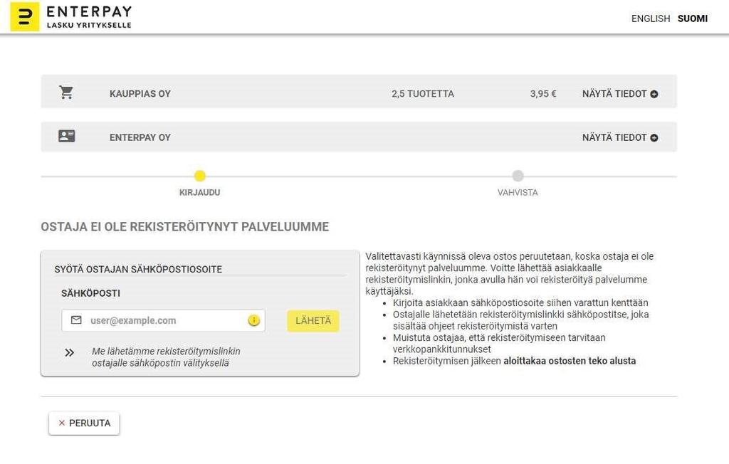 Tämä lähettää kertakäyttöisen koodin asiakkaan puhelimeen tekstiviestinä, joka pyydetään asiakkaalta ja se kirjataan sille varattuun kenttään. 8. Tämän jälkeen painetaan KIRJAUDU HUOMIO!