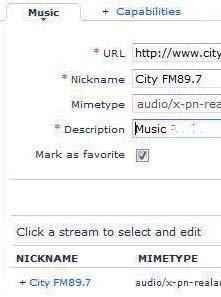 Lisätyn aseman muokkaaminen 3 Kirjoita [Music] (Musiikki) -kohdassa aseman tiedot tekstiruutuihin: Kirjoita [URL]-kohdassa aseman sivuston tiedot.