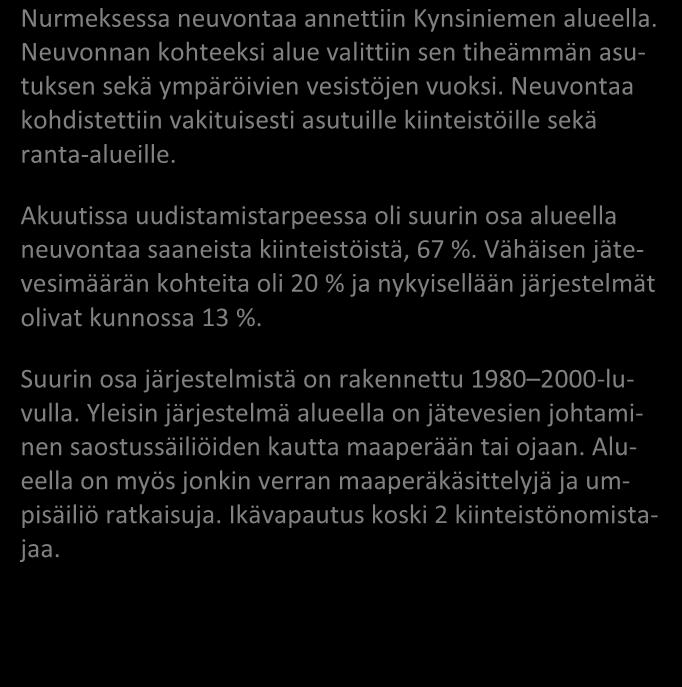 tapaukset Kuva 1. Järjestelmien uudistamistarve (n=15) Nurmeksessa neuvontaa annettiin Kynsiniemen alueella.