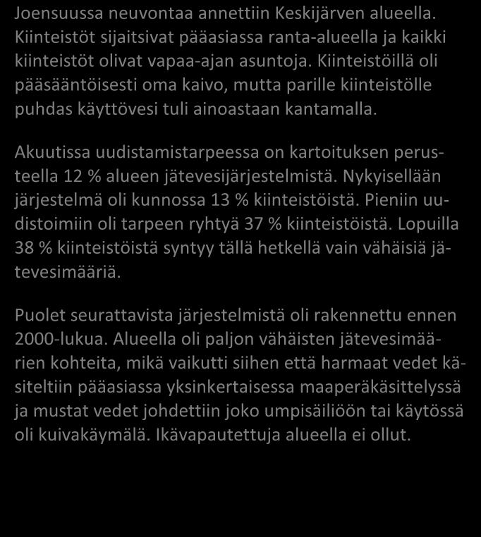 Liite 2 Keskijärvi / Joensuu 39 / 2015 JÄSSI 2015 Pohjois-Karjala Aluekortisto Pohjavesialue Ranta-alue Taajaan asuttu alue Tavallinen haja-asutusalue Vedenottamon suoja-alue Vesihuollon