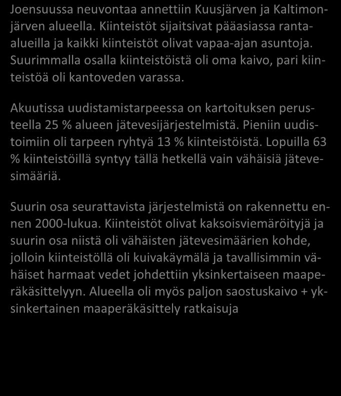 JÄSSI 2015 Pohjois-Karjala Aluekortisto Kuusjärvi-Kaltimonjärvi / Joensuu Pohjavesialue Ranta-alue Taajaan asuttu alue Tavallinen haja-asutusalue Vedenottamon suoja-alue Vesihuollon kehittämisalue