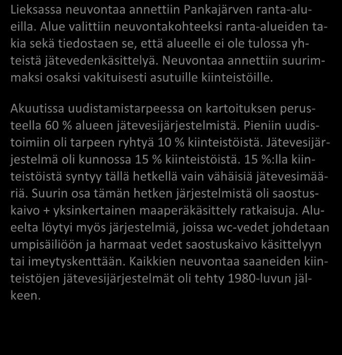JA NEUVONTAKÄYNNEILTÄ kpl % Asutuksen tyyppi (vakituinen / vapaa-aika) 14 / 6 70 /30 Asukasmäärä 37 Vedenhankinta (vesijohto/ oma kaivo) 0 / 18 0 / 100 Kaivotyyppi (pora-/ rengaskaivo) 2 / 16 11 / 89