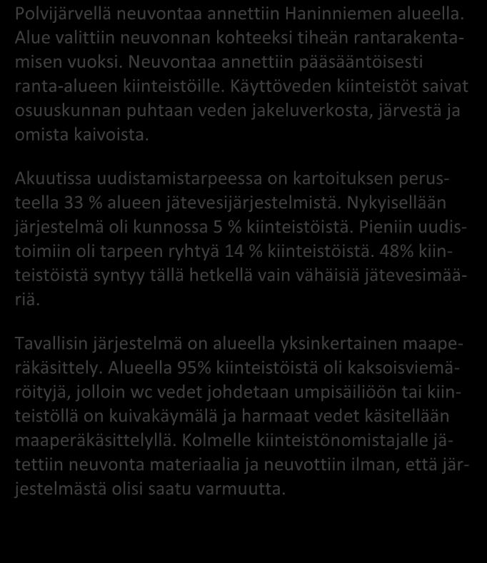Kuva 1. Järjestelmien uudistamistarve (n=21) 1; 5 % 1; 5 % Polvijärvellä neuvontaa annettiin Haninniemen alueella. Alue valittiin neuvonnan kohteeksi tiheän rantarakentamisen vuoksi.