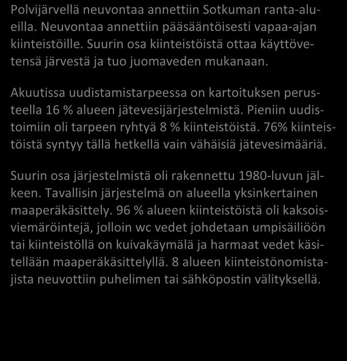 NEUVONTAKÄYNNEILTÄ kpl % Asutuksen tyyppi (vakituinen / vapaa-aika) 0/25 0/100 Asukasmäärä 33 Vedenhankinta (vesijohto/ oma kaivo) 1/4 4/16 Kaivotyyppi (pora-/ rengaskaivo) 1/3 4/12 Käymälän