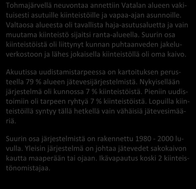 NEUVONTAKÄYNNEILTÄ kpl % Asutuksen tyyppi (vakituinen / vapaa-aika) 9 / 5 64 / 36 Asukasmäärä 29 Vedenhankinta (vesijohto/ oma kaivo) 7 / 11 39 / 61 Kaivotyyppi (pora-/ rengaskaivo) 2 / 9 18 / 82