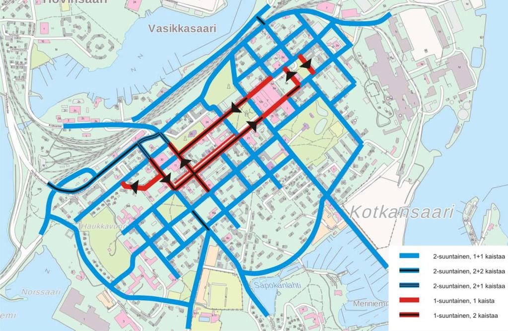 Kotkan keskustan liikennesuunnitelma 30.4.2018 15 (62) Kuva 6. Kotkansaaren nykyisen katuverkon yksisuuntaisuudet ja kaistamäärät.