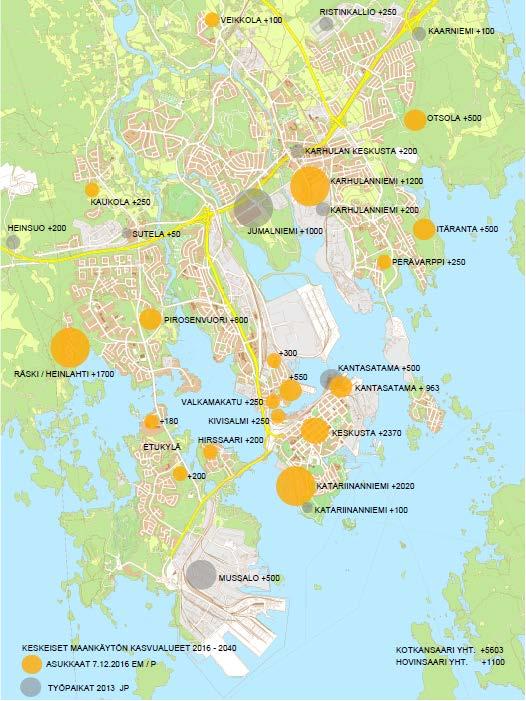 Kotkan keskustan liikennesuunnitelma 30.4.2018 25 (62) Kuva 12. Kotkan kaupungin maankäytön kehitys 2016-2040 (Kotkan kaupunki).