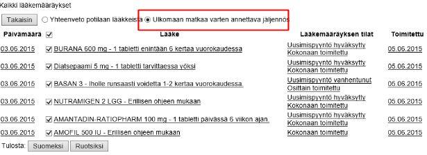 Jäljennös ulkomaanmatkaa varten Jäljennös ulkomaanmatkaa varten voidaan tulostaa resepteistä, jotka on osittain tai kokonaan toimitettu. Jäljennöksellä ei voi ostaa lääkkeitä.