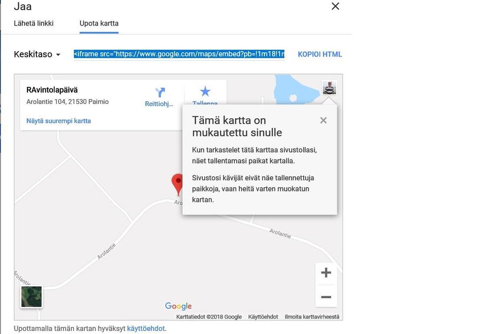 Kun haluat laittaa kartan sivuillesi, toimi seuraavasti: Valitse valikosta Jaa tai upota kartta