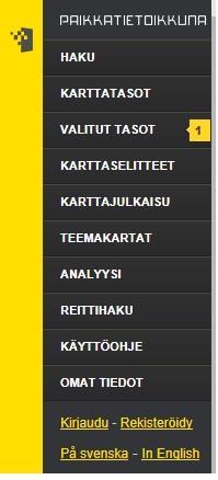 Haku- toiminnolla saat haettua tuutuun oman näkymäsi Karttatasoista löytyy laaja valikoima eri tarpeisiin Karttajulkaisu valinnalla voit
