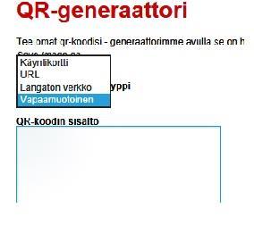 Valitse ensin koodin tyyppi - Käyntikortti - - URL eri nettiosoite - Kopioi nettosoite ruutuun, ja saat vaikka kartan tietoineen puhelimeesi.